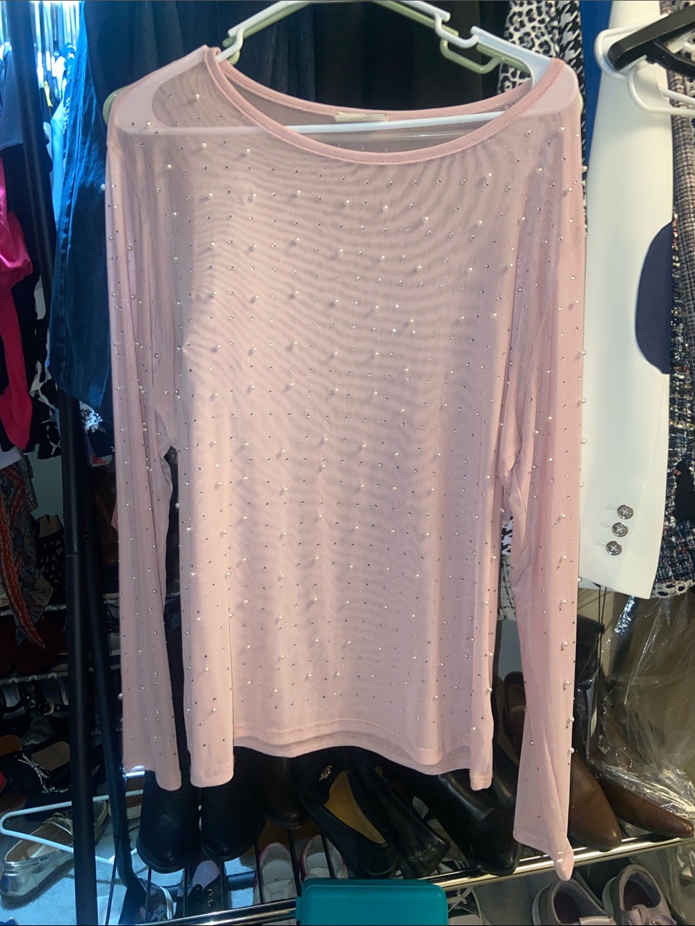 Women’s Light Pink Long-Sleeve Embellished Top
